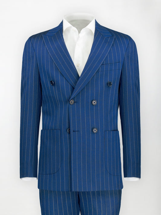 Abito Doppiopetto Gessato largo in Fresco Lana - Blu Medio | Slim fit